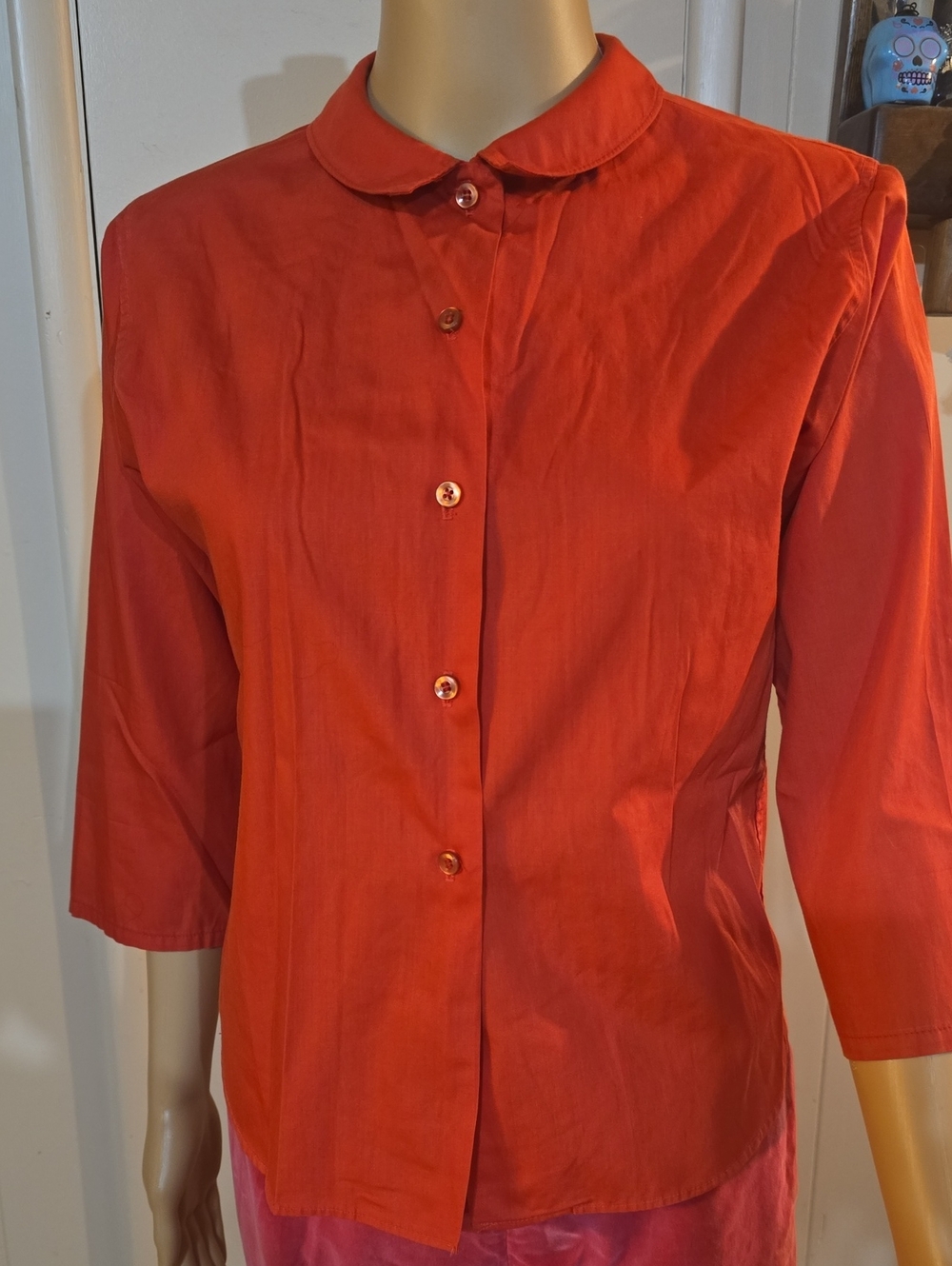 1960's Vintage Women's Red Button-Down Shirt with Rounded Collar
